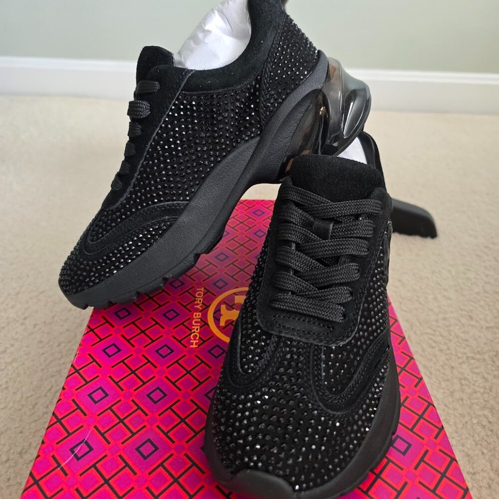 Tory Burch Good Luck Bubble Trainer Perfect Black Suede & Crystal Sneakers NEW